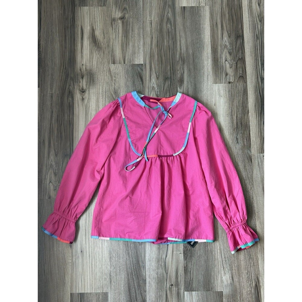NWT Pink Boho Tunic Top Sz S Bell Sleeve Contrast Trim Tie Front Whimsical Y2K